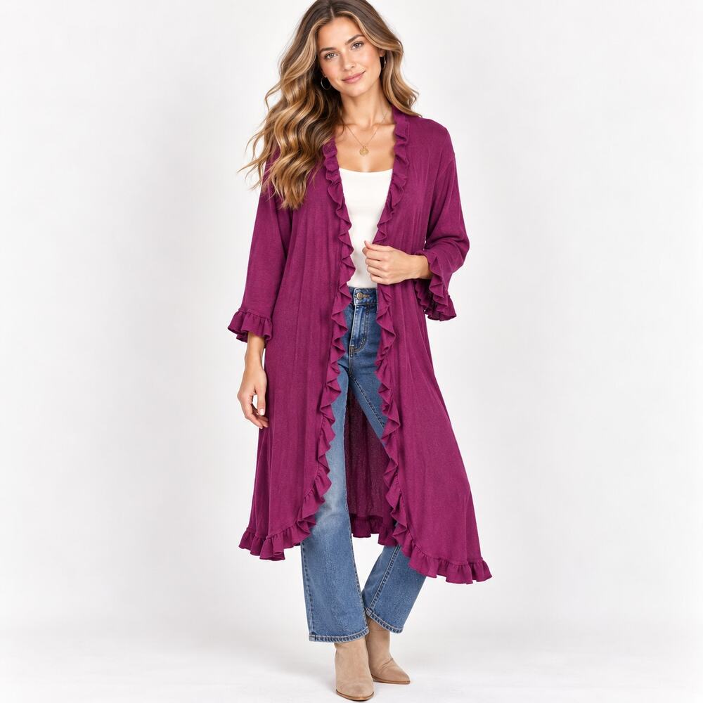 Hot In Hollywood Cardigan Sweater 1X Purple Ruffle Duster 3/4 Bell Sleeve Boho